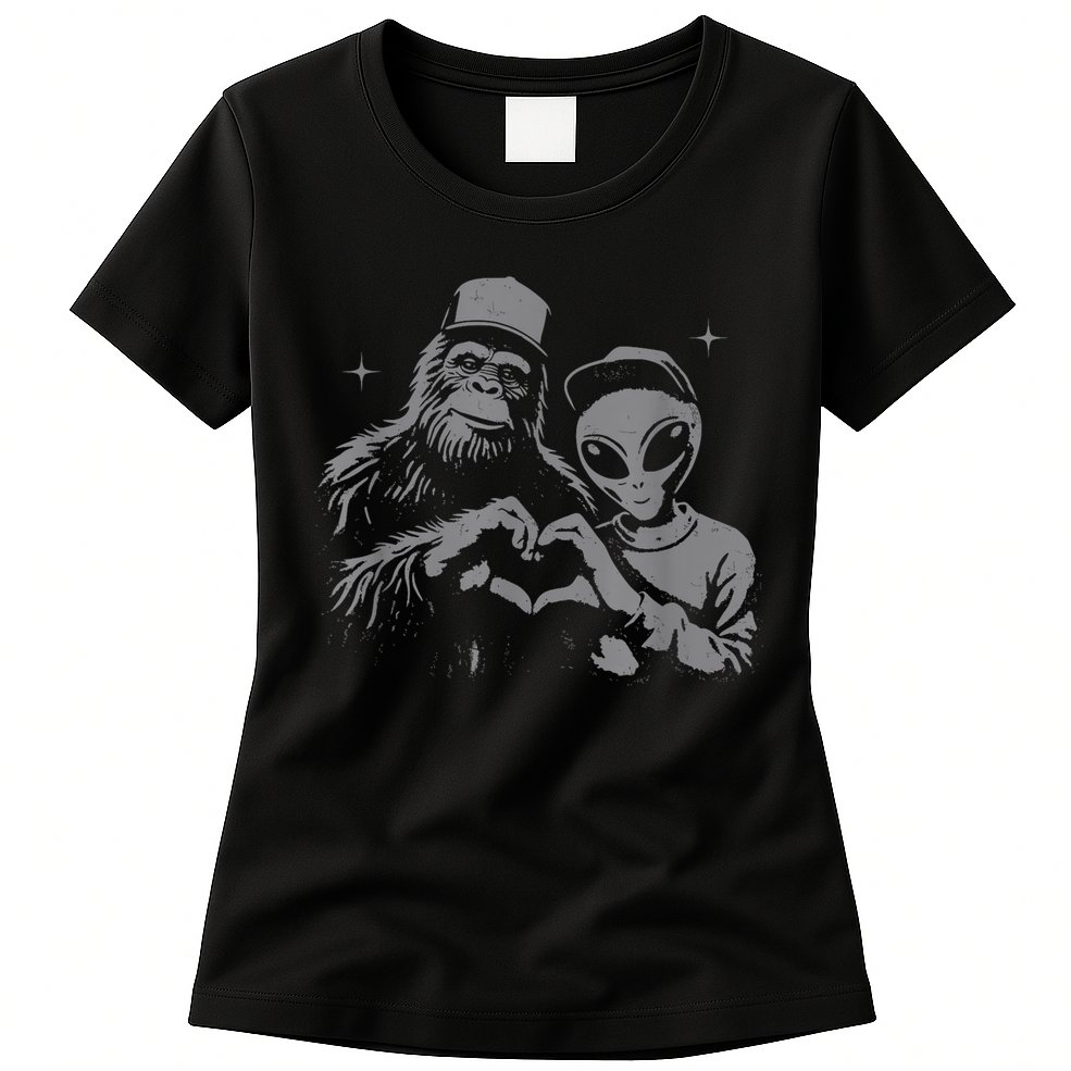 Bigfoot And Alien Sasquatch Love Hand Sign Womens T-Shirt