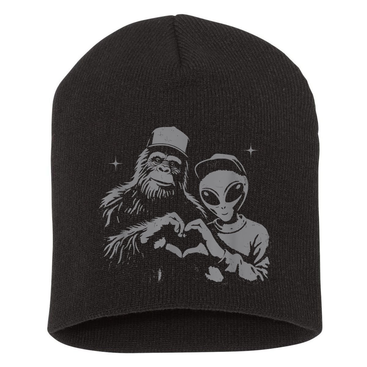 Bigfoot And Alien Sasquatch Love Hand Sign Short Acrylic Beanie
