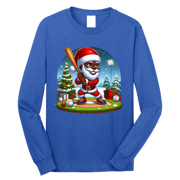 Black African American Santa Claus Baseball Christmas Pjs Gift Long Sleeve Shirt