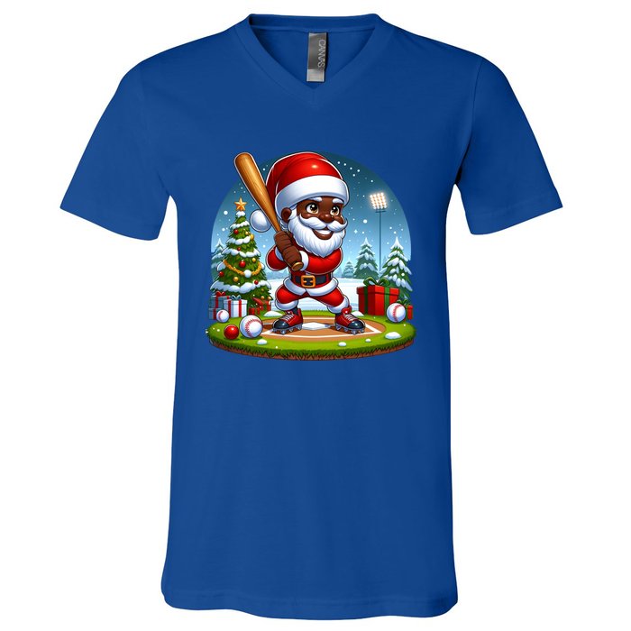 Black African American Santa Claus Baseball Christmas Pjs Gift V-Neck T-Shirt