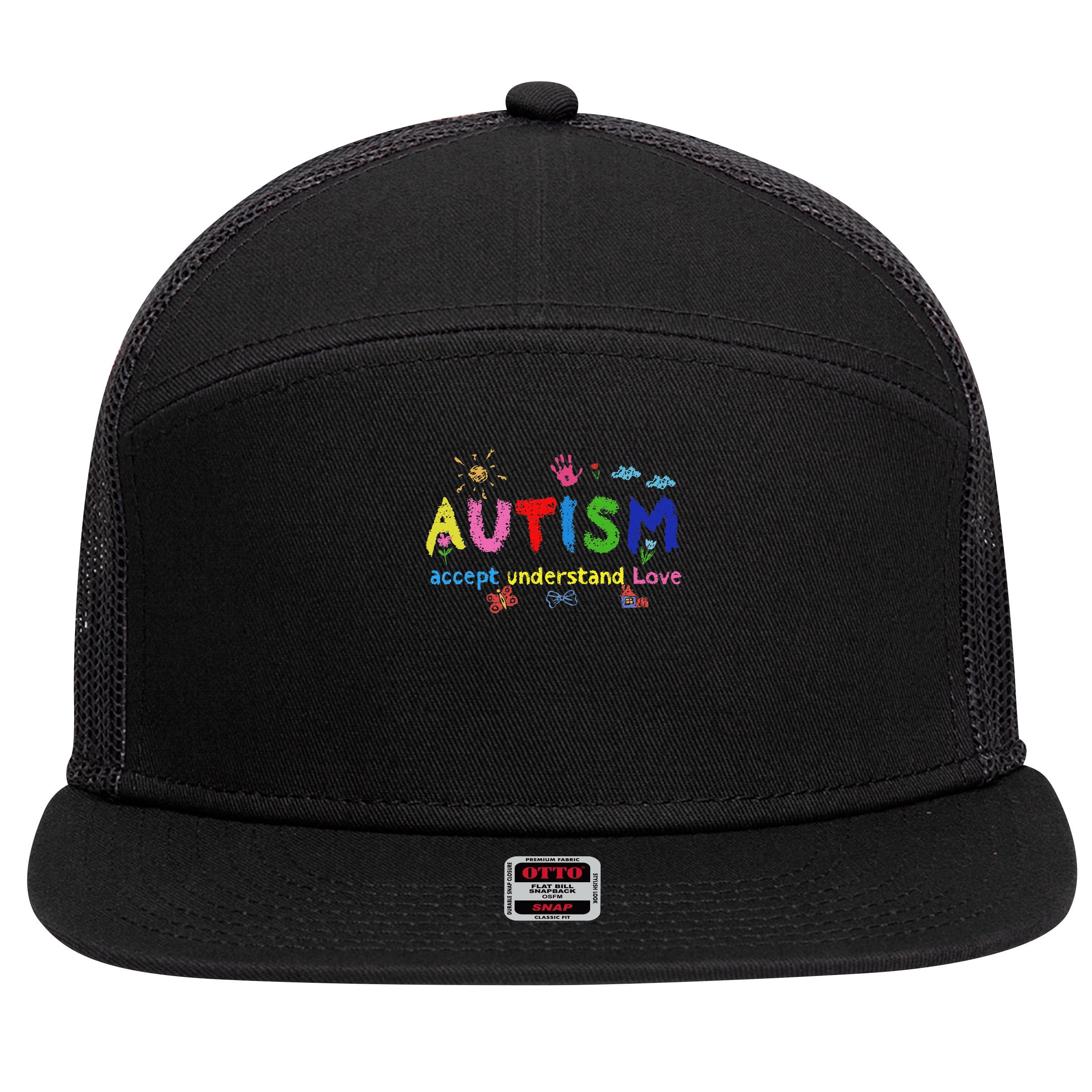 Brushstroke Autism Accept Understand Love Autism Awareness 7 Panel Mesh Trucker Snapback Hat
