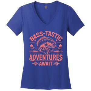 Basstastic Adventures Await Bass Fishing Gift Women's V-Neck T-Shirt