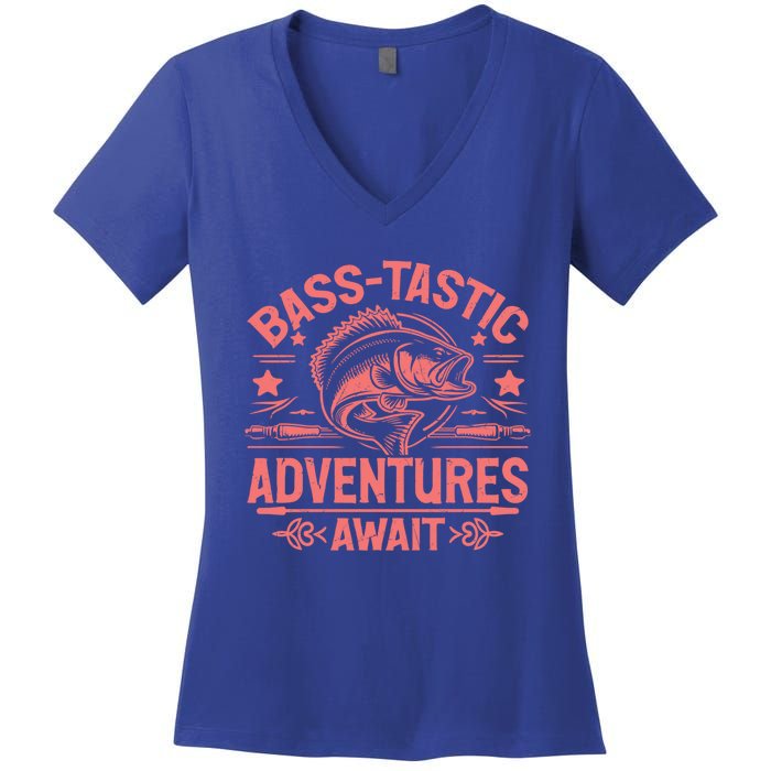 Basstastic Adventures Await Bass Fishing Gift Women's V-Neck T-Shirt