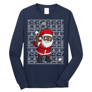 Black African American Santa Claus Golf Ugly Christmas Long Sleeve Shirt