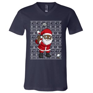 Black African American Santa Claus Golf Ugly Christmas V-Neck T-Shirt