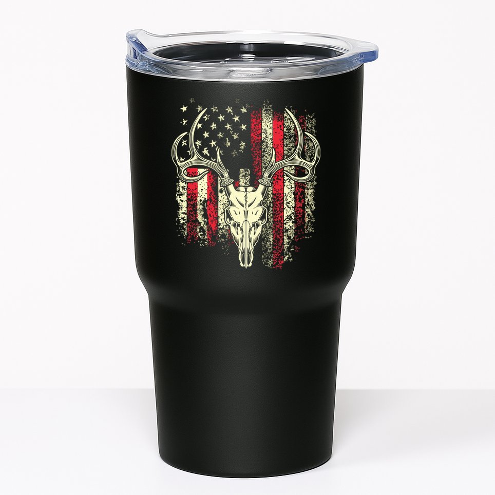 Bucks Antlers And Skull On An American Flag Deer Hunters Tumbler