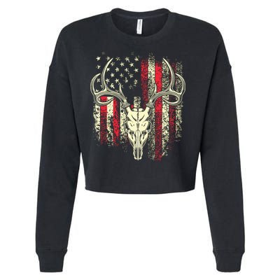 Bucks Antlers And Skull On An American Flag Deer Hunters Cropped Pullover Crew