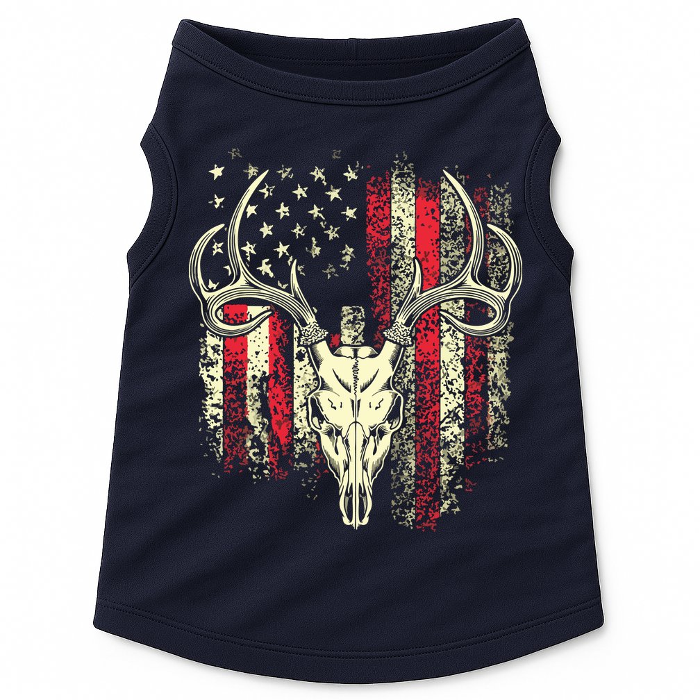Bucks Antlers And Skull On An American Flag Deer Hunters Doggie Tank