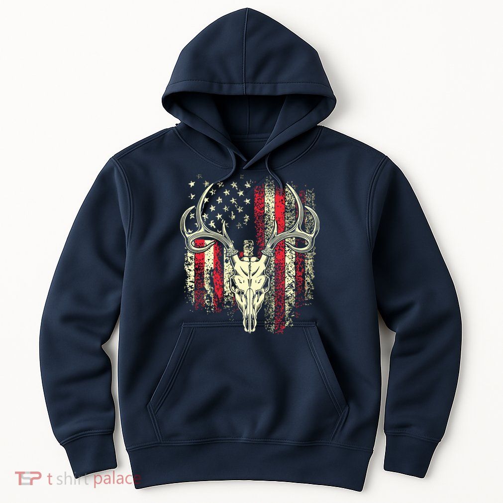 Bucks Antlers And Skull On An American Flag Deer Hunters Hoodie