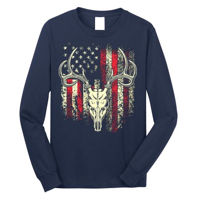 Bucks Antlers And Skull On An American Flag Deer Hunters Long Sleeve Shirt