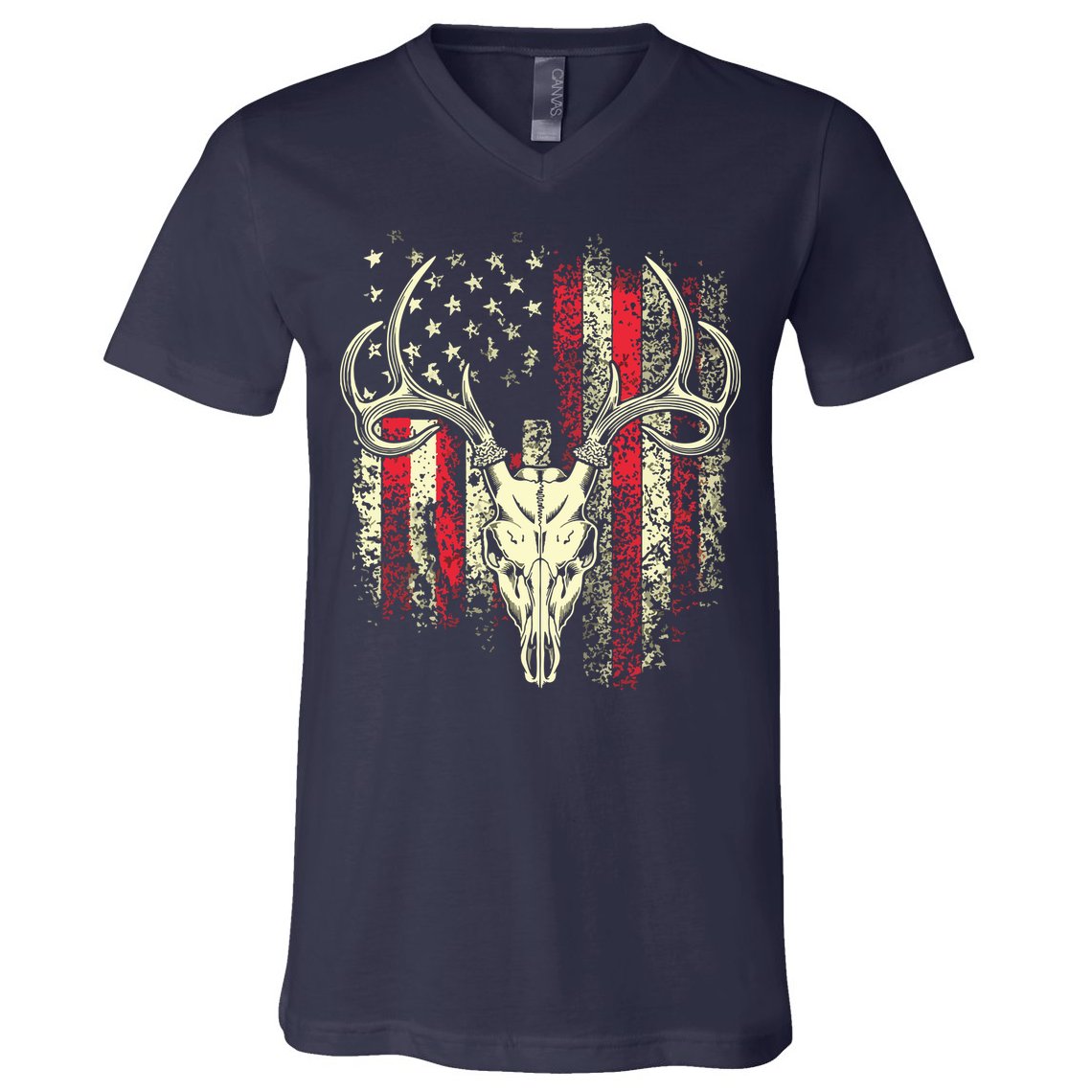 Bucks Antlers And Skull On An American Flag Deer Hunters V-Neck T-Shirt