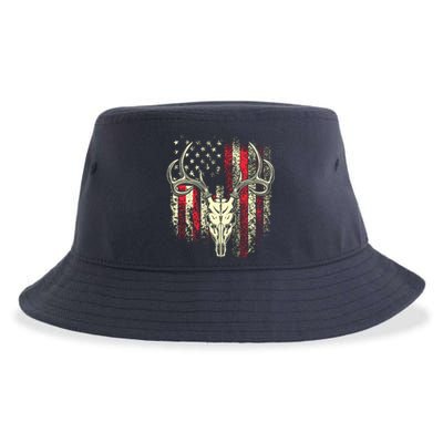 Bucks Antlers And Skull On An American Flag Deer Hunters Sustainable Bucket Hat