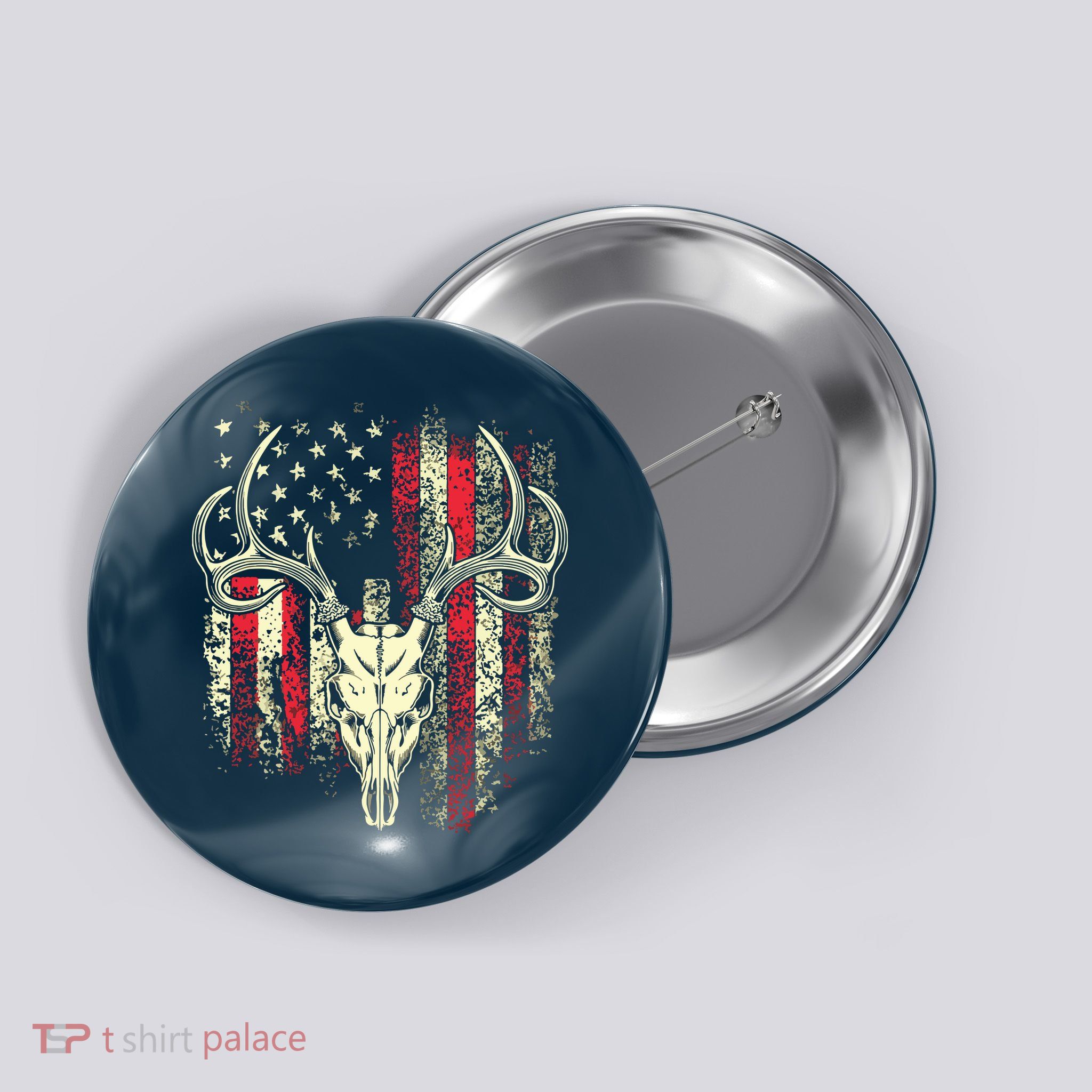 Bucks Antlers And Skull On An American Flag Deer Hunters Button
