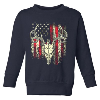 Bucks Antlers And Skull On An American Flag Deer Hunters Toddler Sweatshirt