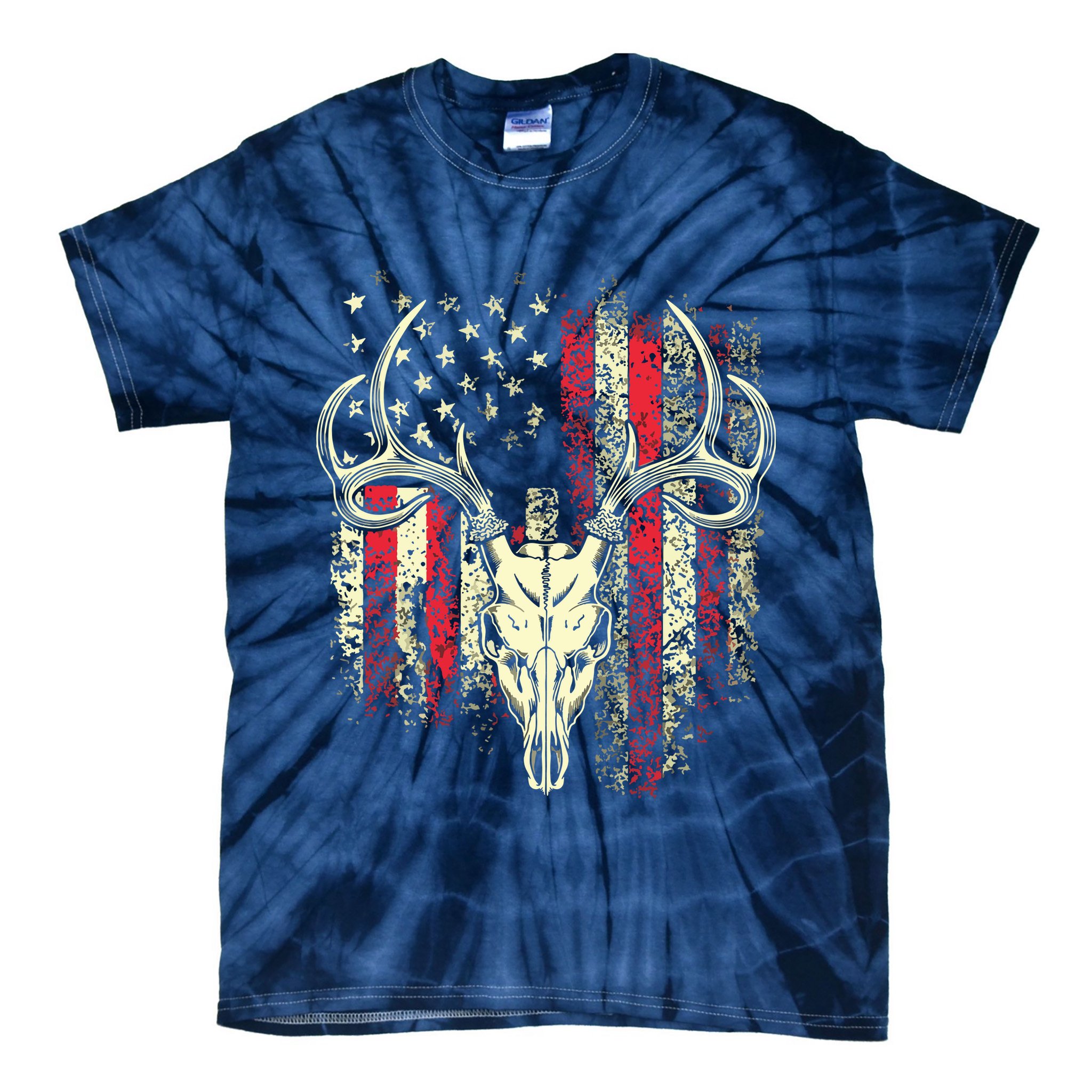 Bucks Antlers And Skull On An American Flag Deer Hunters Tie-Dye T-Shirt