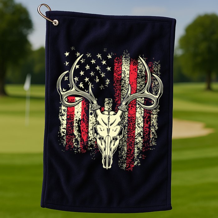 Bucks Antlers And Skull On An American Flag Deer Hunters Golf Towel