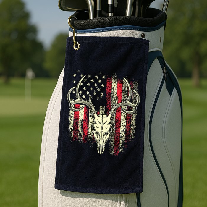 Bucks Antlers And Skull On An American Flag Deer Hunters Golf Towel