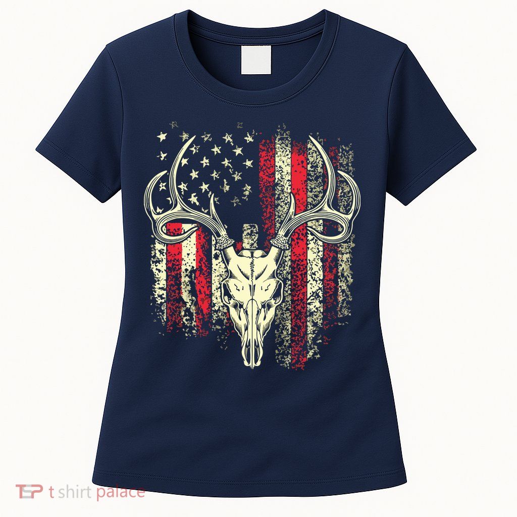 Bucks Antlers And Skull On An American Flag Deer Hunters Womens T-Shirt