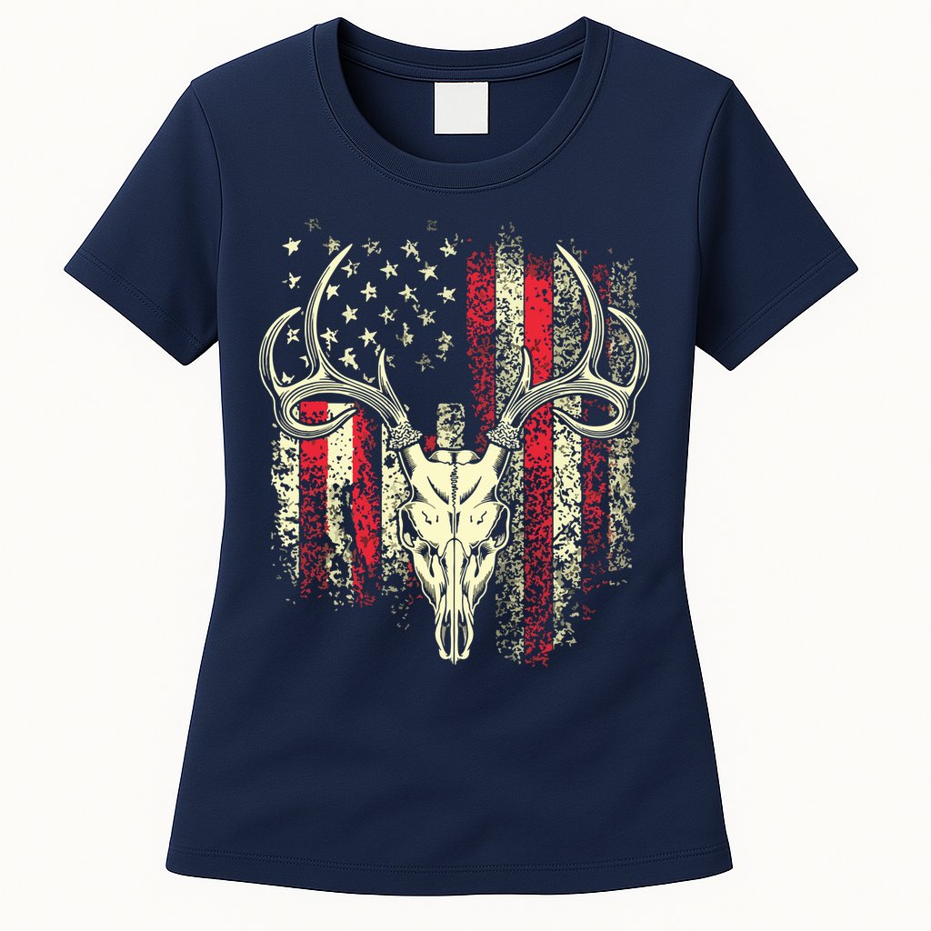 Bucks Antlers And Skull On An American Flag Deer Hunters Womens T-Shirt