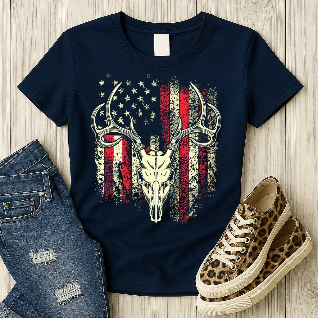 Bucks Antlers And Skull On An American Flag Deer Hunters Womens T-Shirt