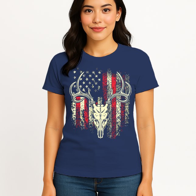 Bucks Antlers And Skull On An American Flag Deer Hunters Womens T-Shirt