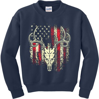 Bucks Antlers And Skull On An American Flag Deer Hunters Kids Sweatshirt