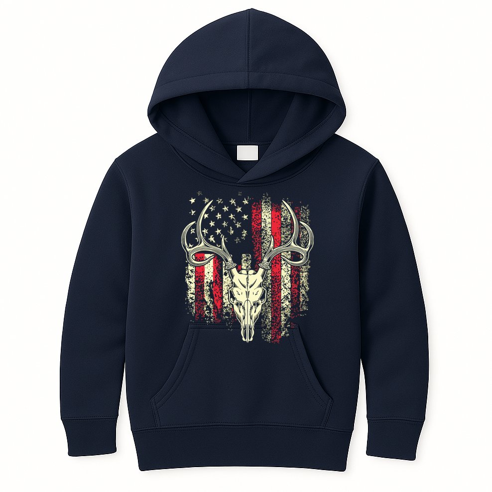 Bucks Antlers And Skull On An American Flag Deer Hunters Kids Hoodie