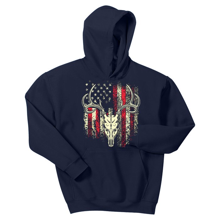 Bucks Antlers And Skull On An American Flag Deer Hunters Kids Hoodie