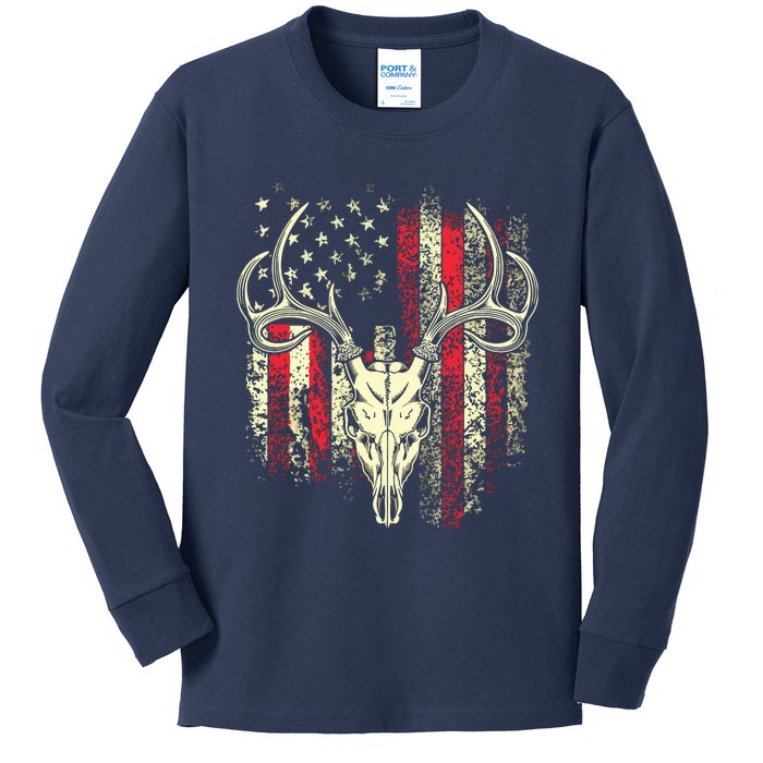 Bucks Antlers And Skull On An American Flag Deer Hunters Kids Long Sleeve Shirt