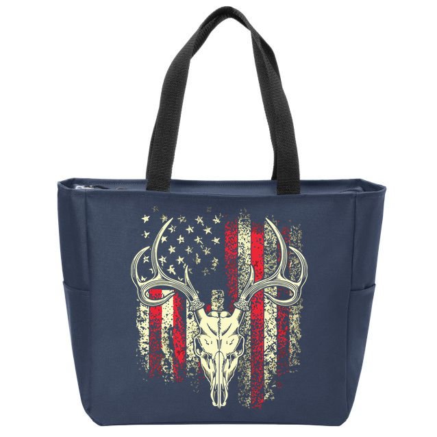 Bucks Antlers And Skull On An American Flag Deer Hunters Zip Tote Bag