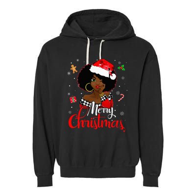 Black African American Melanin Christmas Santa Hat Xmas Garment-Dyed Fleece Hoodie