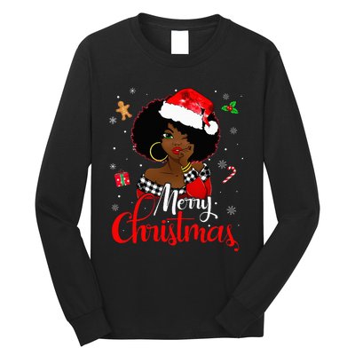 Black African American Melanin Christmas Santa Hat Xmas Long Sleeve Shirt