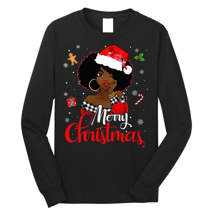 Black African American Melanin Christmas Santa Hat Xmas Long Sleeve Shirt