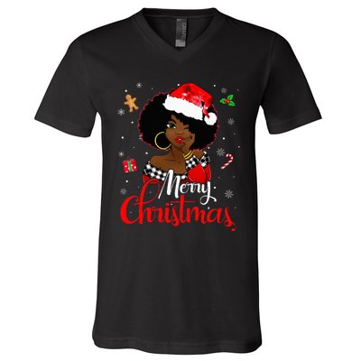 Black African American Melanin Christmas Santa Hat Xmas V-Neck T-Shirt