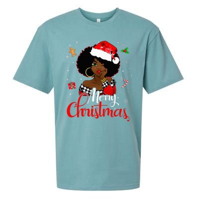 Black African American Melanin Christmas Santa Hat Xmas Sueded Cloud Jersey T-Shirt