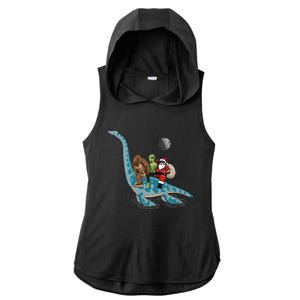 Bigfoot Alien And Santa Claus Riding Dinosaurs Christmas Gift Ladies PosiCharge Tri-Blend Wicking Draft Hoodie Tank