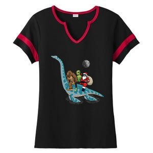 Bigfoot Alien And Santa Claus Riding Dinosaurs Christmas Gift Ladies Halftime Notch Neck Tee