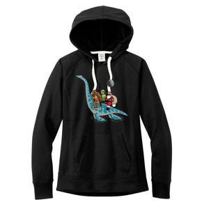 Bigfoot Alien And Santa Claus Riding Dinosaurs Christmas Gift Women's Fleece Hoodie