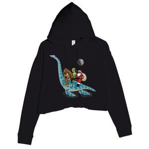 Bigfoot Alien And Santa Claus Riding Dinosaurs Christmas Gift Crop Fleece Hoodie