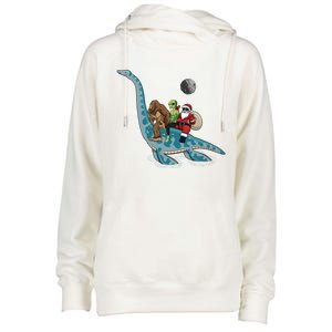 Bigfoot Alien And Santa Claus Riding Dinosaurs Christmas Gift Womens Funnel Neck Pullover Hood