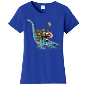 Bigfoot Alien And Santa Claus Riding Dinosaurs Christmas Gift Women's T-Shirt