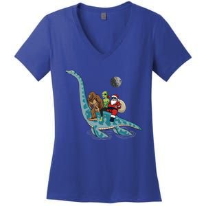 Bigfoot Alien And Santa Claus Riding Dinosaurs Christmas Gift Women's V-Neck T-Shirt