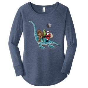 Bigfoot Alien And Santa Claus Riding Dinosaurs Christmas Gift Women's Perfect Tri Tunic Long Sleeve Shirt