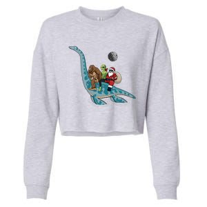 Bigfoot Alien And Santa Claus Riding Dinosaurs Christmas Gift Cropped Pullover Crew