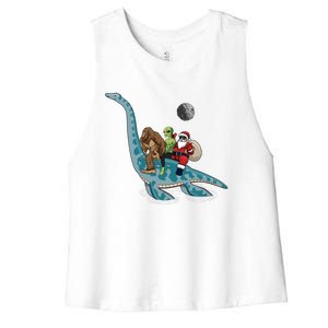 Bigfoot Alien And Santa Claus Riding Dinosaurs Christmas Gift Women's Racerback Cropped Tank