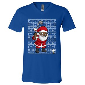 Black African American Santa Claus Golf Ugly Christmas Funny Gift V-Neck T-Shirt