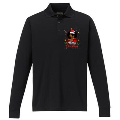 Black African American Melanin Christmas Santa Hat Meaningful Gift Performance Long Sleeve Polo