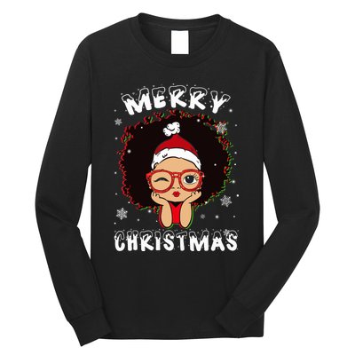 Black African American Girl Santa Hat Christmas Melanin Long Sleeve Shirt