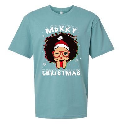 Black African American Girl Santa Hat Christmas Melanin Sueded Cloud Jersey T-Shirt