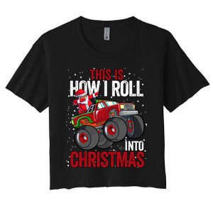 Black African American Santa Claus Monster Truck Christmas Women's Crop Top Tee